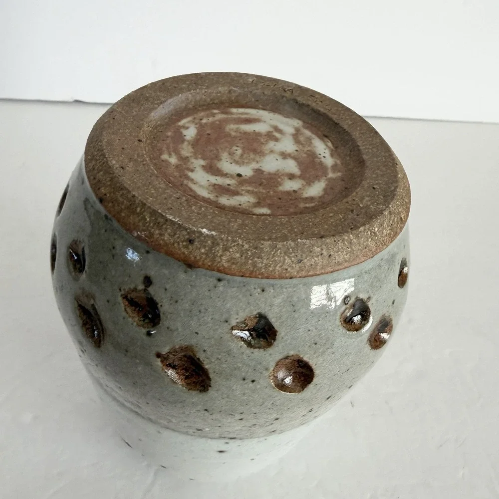 Studio Art Pottery Vase Egg Shape Glazed Three tone Gray Speckled Signed Bud